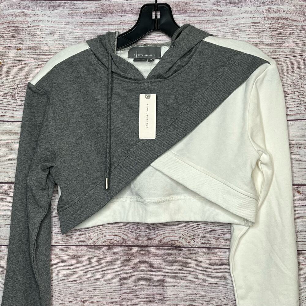 Anthropologie Gray & White 100% Cotton Colorblock Crop Twist Hoodie New Size XS